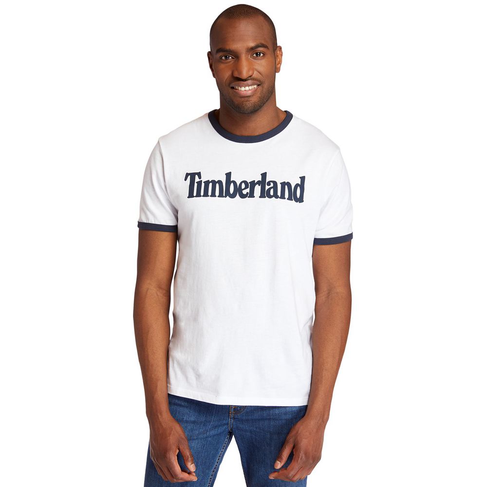 Timberland Mens T-Shirts TBL® Linear Logo Ringer - White - India XV1957320